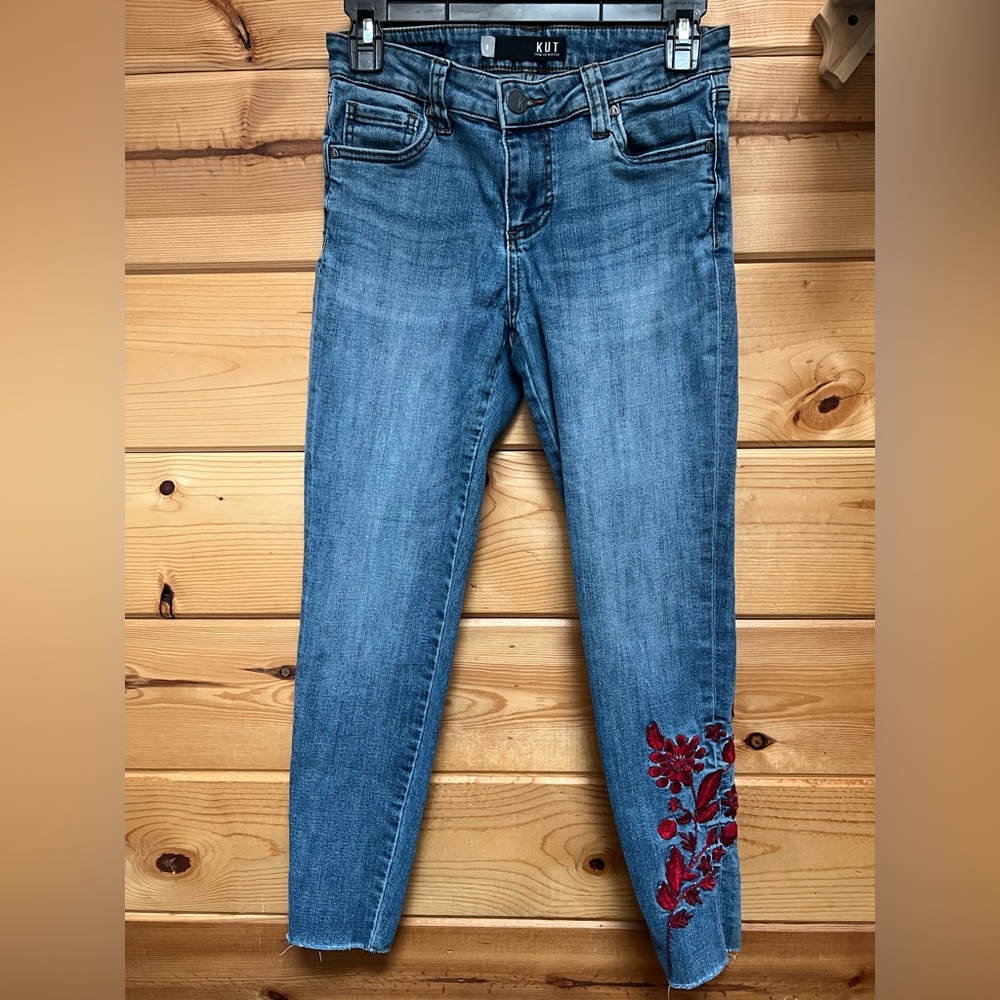 Kut from the Kloth Skinny Jeans with Red Floral Embroidery